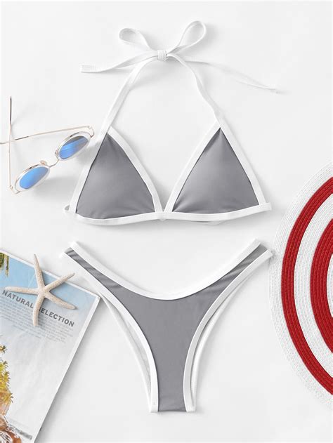 Contrast Piping Triangle Bikini Set SheIn Sheinside