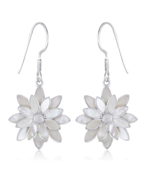 Boucles D Oreilles Double Fleur De Nacre Blanche Et Argent