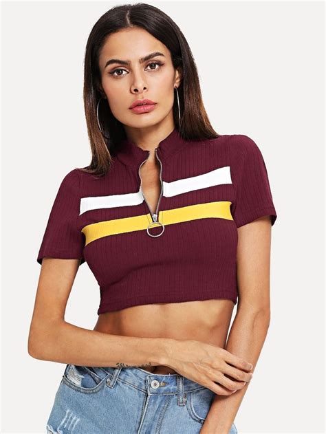 O Ring Zip Half Placket Rib Knit Crop Tee Shein Sheinside Knit Crop