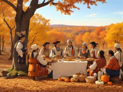 Premium Ai Image Pilgrims And Native Americans Sharing A Feast