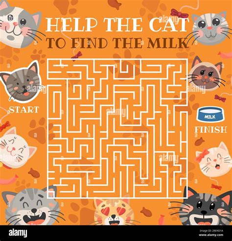 Labyrinth maze help the cat to find milk. Kids vector board game ...