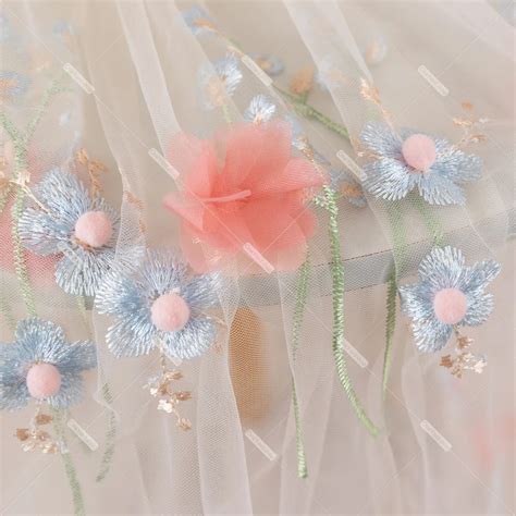 Peach Pink 3D Flower Embroidery Nude Mesh Fairy Fabric OneYard