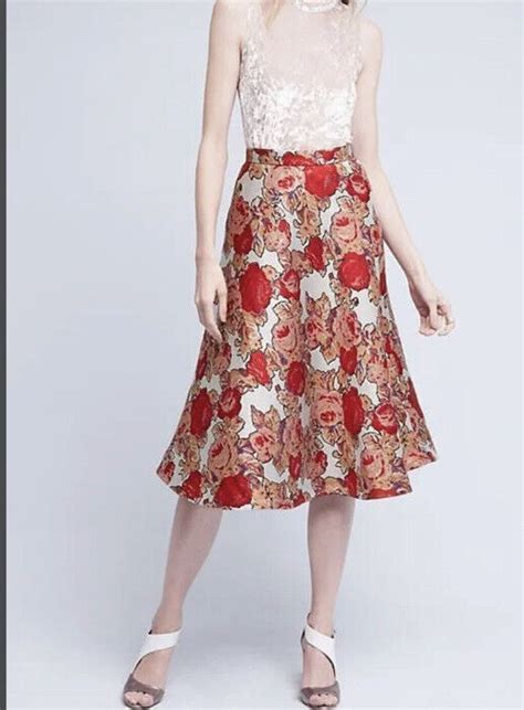 Anthropologie Rachel Antonoff Red Rose Jacquard Midi Skirt Size 6 Lined