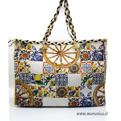 Borsa Mare Sicily Fantasia Maiolica E Ruota Del Carretto Interno