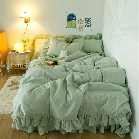 Sage Green Cotton Duvet Cover Princess Style Ruffle 100 Cotton Boho