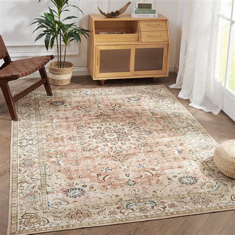 Jinchan Area Rug 4x6 Washable Rug Floral Rug Distressed Blush Thin Rug