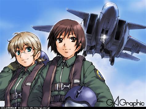 2girls Aircraft Aqua Eyes Blonde Hair Brown Eyes Brown Hair Gagraphic