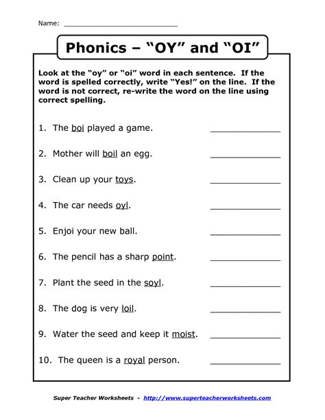 Vowel Diphthongs Oi Oy Worksheet