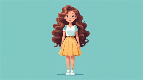 Cute Girl With Long Curly Hair Vector Illustration In Cartoon Style Premium Ai Generated Image