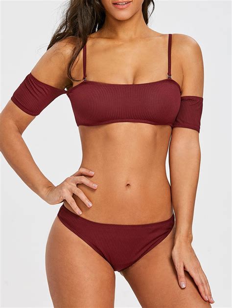 Off Ribbed Bandeau Bikini With Short Sleeves In Burgundy