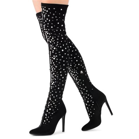 Black Rhinestone Stilettos Long Boots Pointy Toe Thigh High Boots FSJshoes