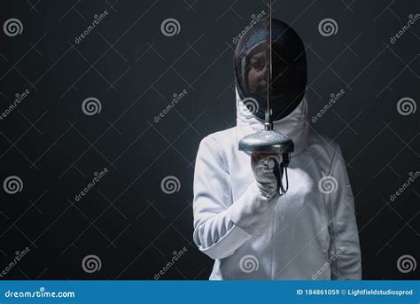 Holding Rapier Near Fencing Mask Isolated Stock Image Image Of