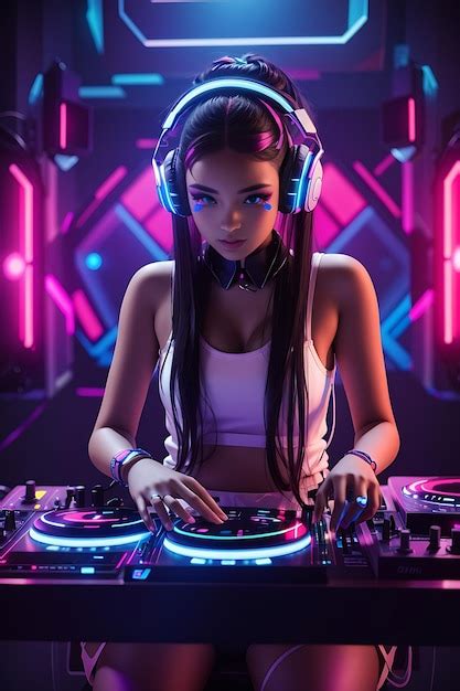 Premium AI Image | Dj with neon lights a young girl wallpaper