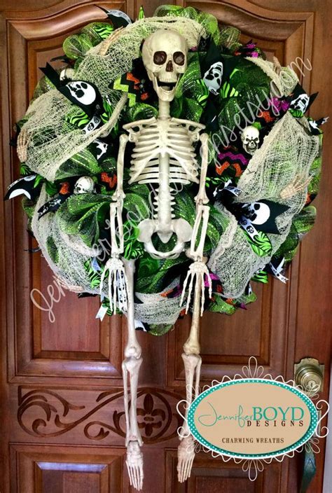 Skeleton Spooky Scary Halloween Skull And Bones Deco Mesh Etsy Halloween Mesh Wreaths