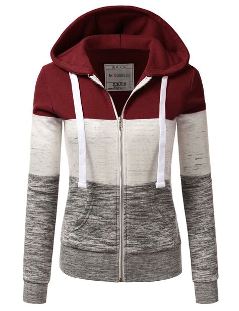 Doublju Womens 3 Color Block Pocket Zip Up Hoodie Jacket For Women With Plus Size