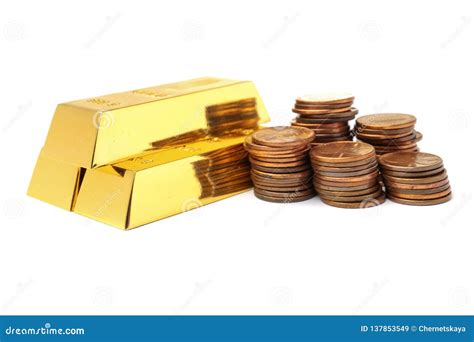 Gold bars and coins stock image. Image of currency, isolated - 137853549