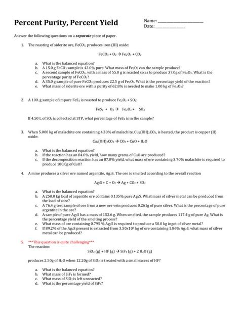 Worksheet Percent Yield Answer Key