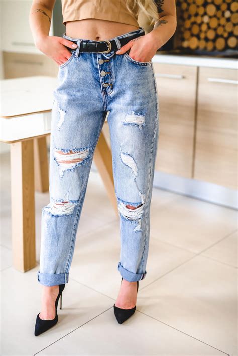 Z149 Jeansowe Spodnie Damskie Z Dziurami Jeansy Mom Fit Xs S M L Xl Dehe Pl