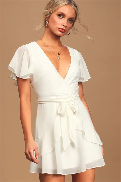 Cute White Dress Faux Wrap Dress Ruffled Mini Dress Lwd Lulus