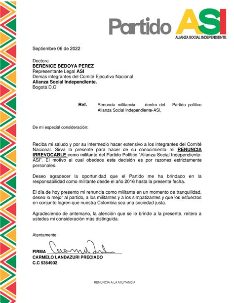 Renuncia Partido ASI Carmelo Firmado RENUNCIA A LA MILITANCIA