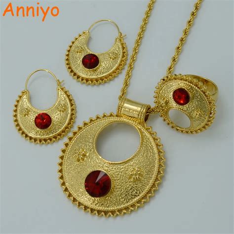 Anniyo Stone Ethiopian Jewelry Sets Pendant Necklaces Earrings Ring