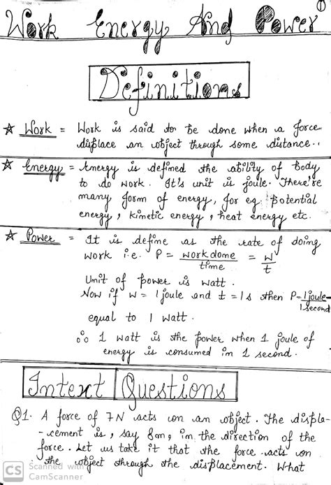 Work Energy And Power Handwritten Notes For 9th Science