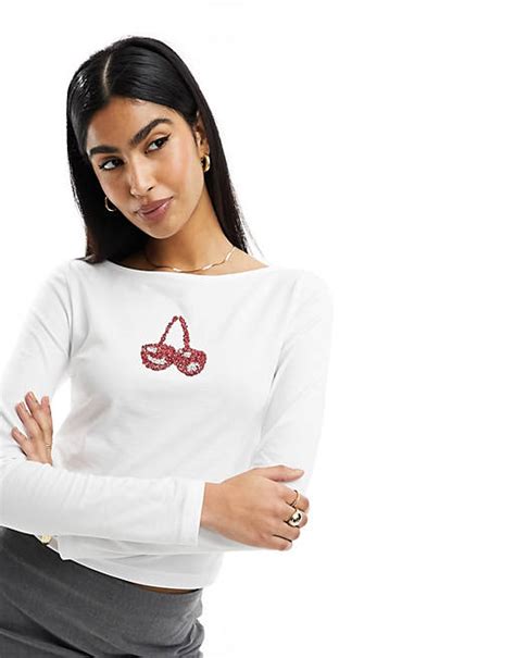 Asos Design Embellished Cherry Long Sleeve Slash Neck Top In Ivory Asos