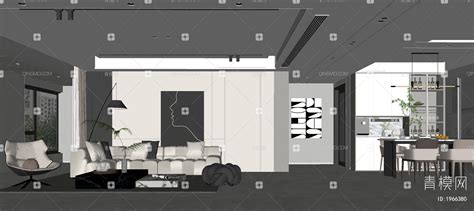 【黑白灰客餐厅su模型】 现代su80黑白灰客餐厅su模型下载 Id1966380 免费su模型库 青模su模型网