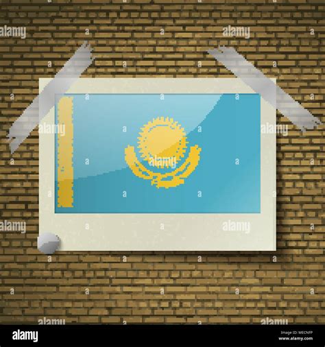 Flags Of Kazakhstan At Frame On A Brick Background Vector Illustration