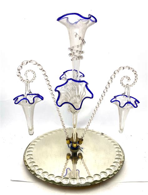 Lot A Stourbridge Clear Glass Blue Rim Epergne