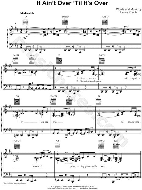 Lenny Kravitz It Aint Over Til Its Over Sheet Music In D Major