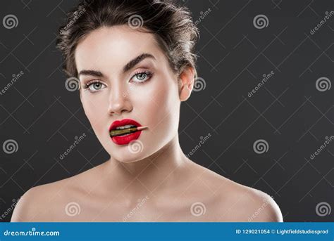 Attractive Nude Woman Holding Bullet In Mouth Stock Photo Image Of Modeling Crime 129021054