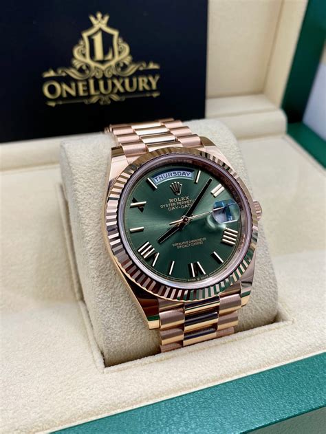 Rolex Day Date 40 228235 Rose Gold Olive Green Roman Dial 40mm Oneluxury