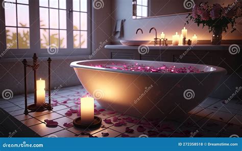 A Bathtub Filled With Rose Petals Next To A Window Stock Illustration