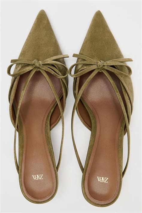 Slingback Bow Kitten Heels Green Zara United States Sapatos