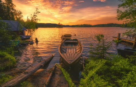 Wallpaper Landscape Sunset Nature Lake Boats Forest Bank For