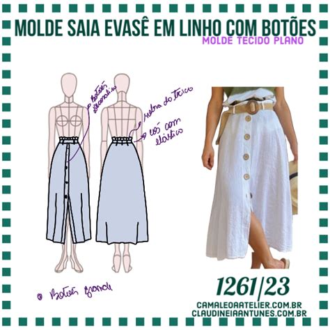 Molde Saia Evasê Em Linho Com Botões 1261 23 Camaleoa Atelier De Costura