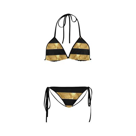Black Gold Stripes Custom Bikini Swimsuit ID D