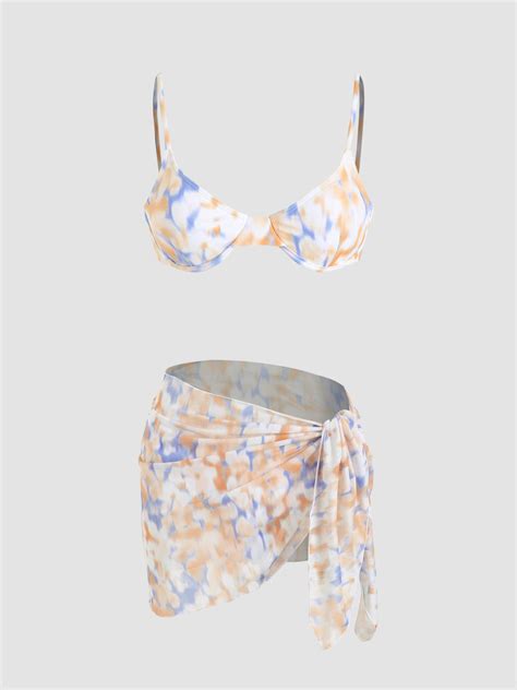 Illusion Print Underwire Bikini And Sarong Cider