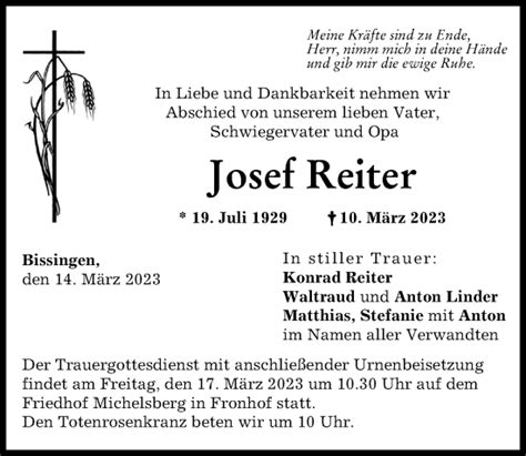 Traueranzeigen Von Josef Reiter Augsburger Allgemeine Zeitung