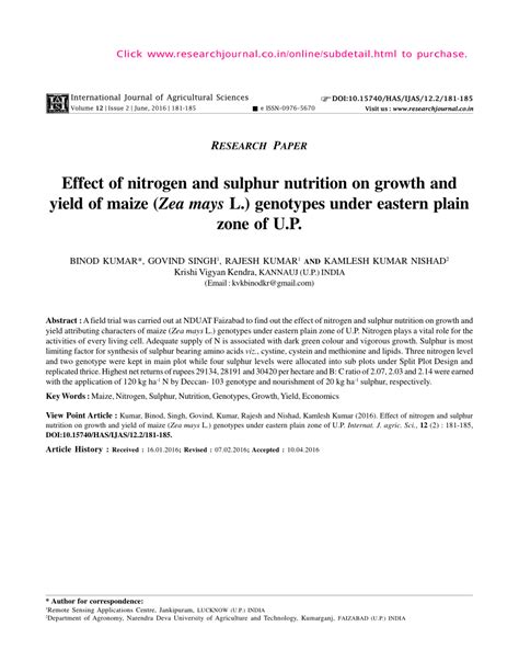 Pdf Effect Of Nitrogen And Sulphur Nutrition On Growth And Yield Of