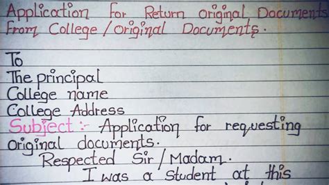 Application To Principal For Return Of Original Documents From College