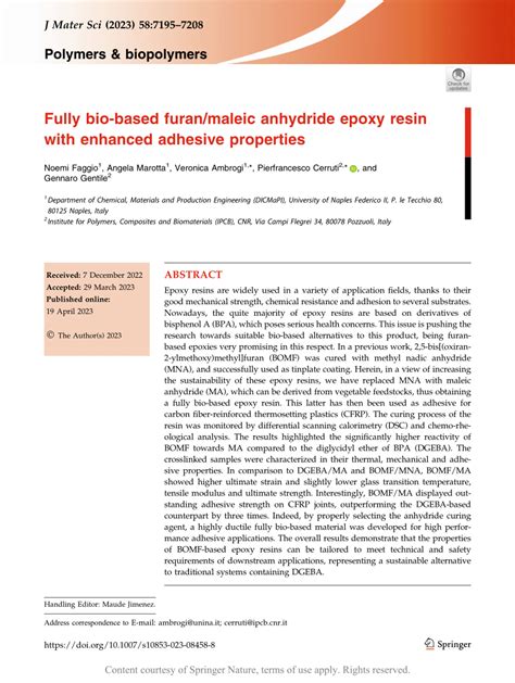 Pdf Fully Bio Based Furanmaleic Anhydride Epoxy Resin With Enhanced