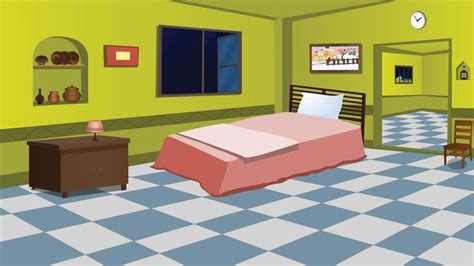 Room inside village home cartoon background with cozy bed, table ...