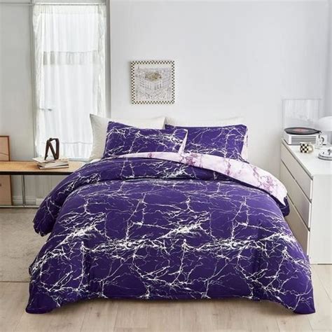 Parure De Lit 140X200 Violet Et Blanc Marbre Motif Adulte Housse De