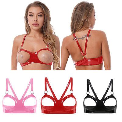 Women Sexy Lingerie Patent Leather Open Cup Bra Braltte Breast