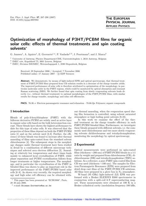 PDF Optimization Of Morphology Of P3HT PCBM Films For Organic Solar