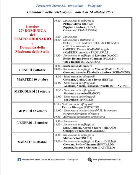 Calendario Delle Celebrazioni Dall8 Al 14 Ottobre 2023 Parrocchia