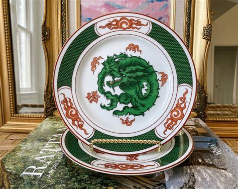 Pair Of Vintage Fitz And Floyd Dragon Crest Green Salad Plates Dragon