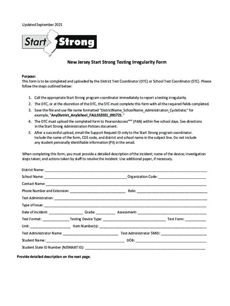 Fillable Online New Jersey Start Strong Testing Irregularity Form Fax